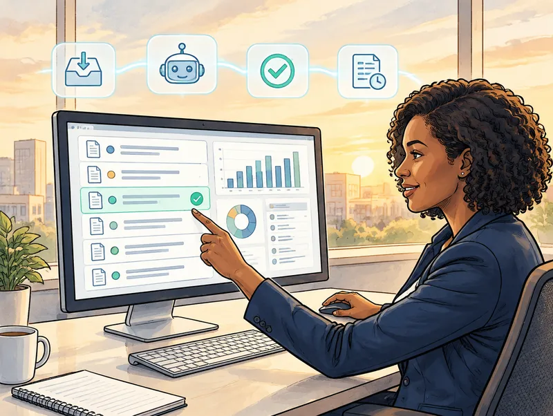 Editorial illustration of an operations analyst watching an AI agent process incoming invoices on a monitor while approving one item, with inbox, robot assistant, approval and audit log icons overhead