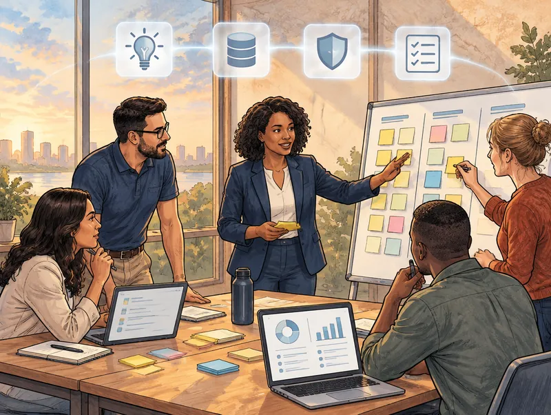 Editorial illustration of a leadership team in a workshop prioritizing AI use cases on sticky notes with a Cendien AI consultant, with idea, data, shield and checklist icons overhead