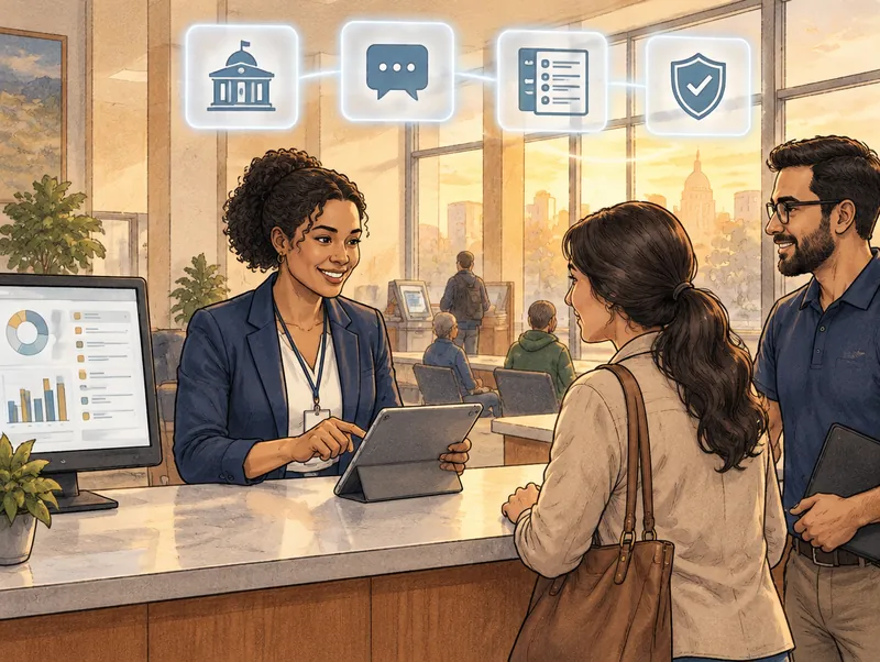 Editorial illustration of a city clerk at a public service counter using an AI assistant to answer a resident’s permit question on a tablet, with city hall, chat, policy and shield icons overhead