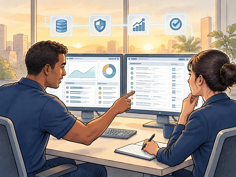 Editorial illustration of a Cendien AI engineer and a data analyst reviewing AI test results and an audit log on two monitors, with data, shield, chart and checkmark icons overhead