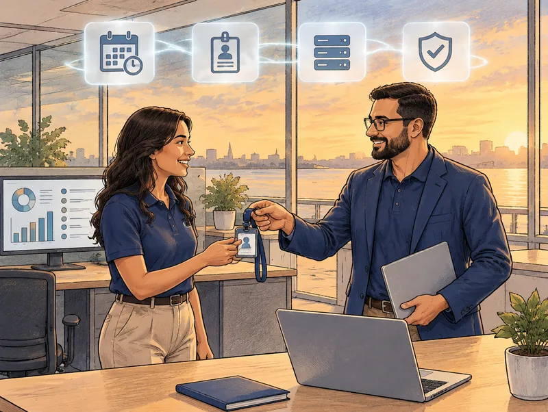 Editorial illustration of a contract systems administrator being welcomed by an IT manager on the first day, receiving a badge and laptop, with timesheet, badge, server and checkmark icons overhead
