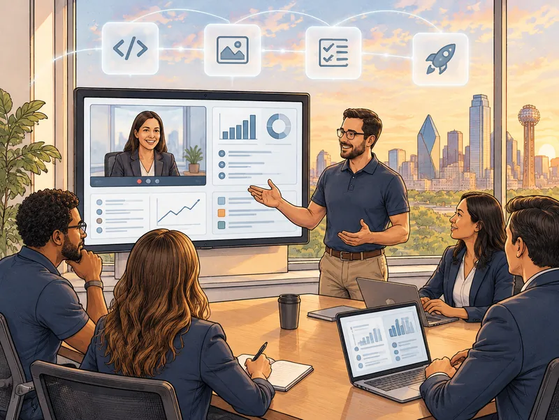 Editorial illustration of a Cendien development team holding a weekly demo with a client on a large screen in a Dallas office, with code, design, test and rocket icons overhead