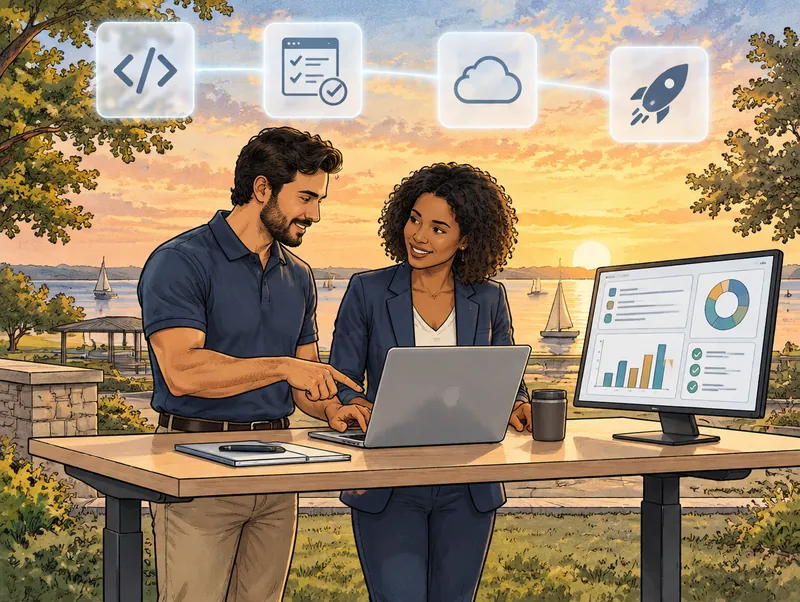 Editorial illustration of a Cendien developer and tester pairing on code and automated tests at a standing desk, with code, test, cloud and rocket icons overhead