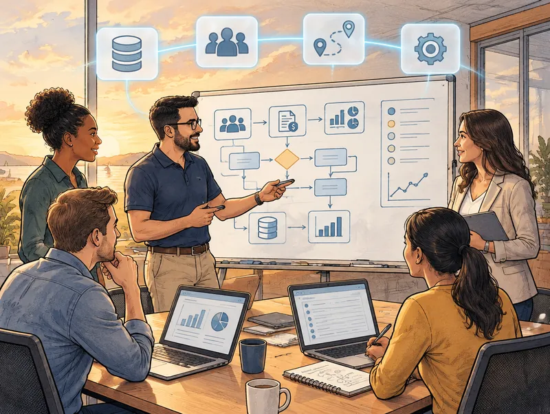 Editorial illustration of an ERP project team at a whiteboard mapping payroll and finance processes with a newly placed Cendien consultant, with ERP module, people, roadmap and gear icons overhead