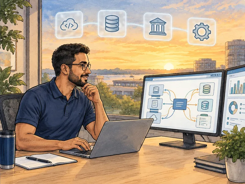 Editorial illustration of an integration engineer at a desk with a diagram of systems connected by data flows on a monitor, with API, database, bank and gear icons overhead