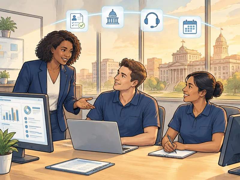 Editorial illustration of a city IT manager onboarding two help desk technicians at a municipal service desk, with background check, government building, headset and calendar icons overhead