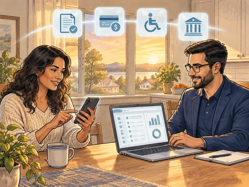 Editorial illustration of a resident applying for a permit on a phone at a kitchen table while a city employee approves it on a laptop, with permit, payment, accessibility and city hall icons overhead