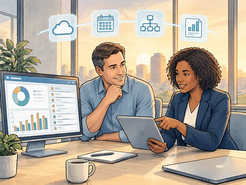 Editorial illustration of a finance manager and a Cendien consultant reviewing a cloud ERP dashboard and monthly update checklist on a tablet in a modern office, with cloud, update calendar, workflow and report icons overhead