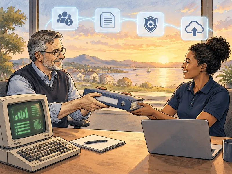 Editorial illustration of a retiring Lawson analyst handing a binder of documentation to a Cendien consultant at a desk with an older green-screen terminal beside a modern laptop, with payroll, documentation, patch and migration icons overhead