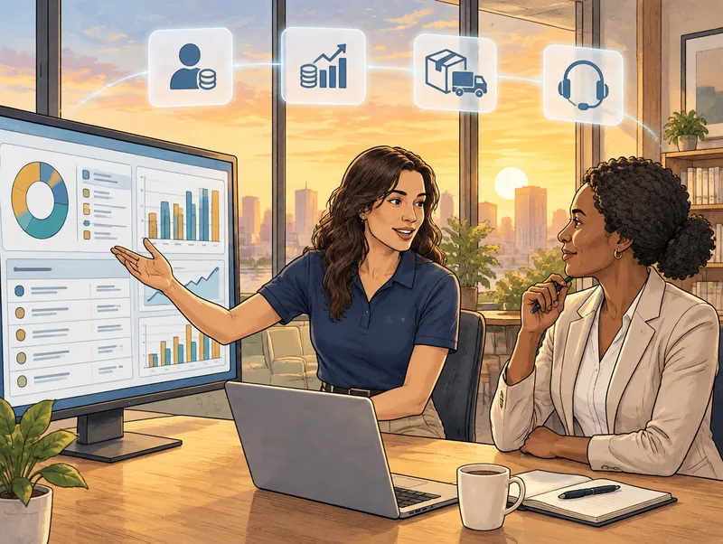 Editorial illustration of a Cendien Infor consultant and an HR director reviewing payroll and finance dashboards on a large monitor in a sunlit office, with payroll, finance, supply chain and support icons overhead