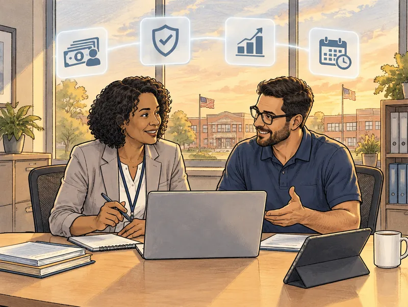Editorial illustration of a school district payroll supervisor and a Cendien consultant working at a desk in a district administration building, with payroll, audit, budget and calendar icons overhead