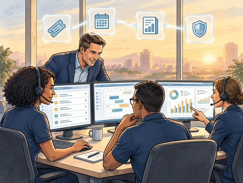 Editorial illustration of a Cendien ERP support team at monitoring desks reviewing an Infor ticket queue and release calendar, with ticket, calendar, report and shield icons overhead