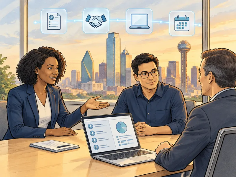 Editorial illustration of a Cendien recruiter introducing a software engineer to a hiring manager in an office overlooking the Dallas skyline, with resume, handshake, laptop and calendar icons overhead