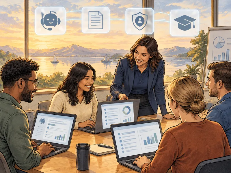 Editorial illustration of employees in a training session trying an AI assistant on their laptops while a Cendien consultant guides them, with assistant, document, permissions and training icons overhead