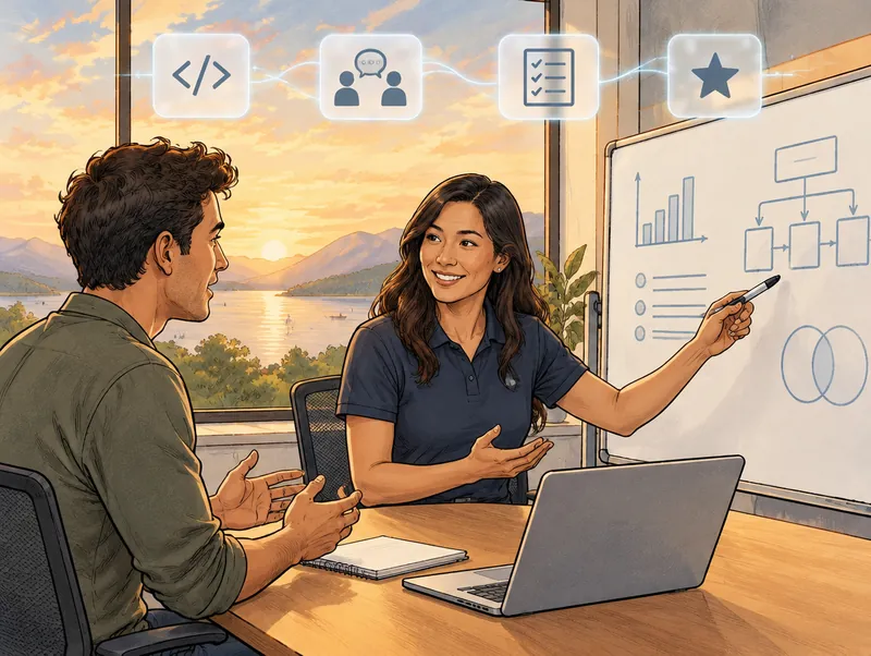 Editorial illustration of a Cendien engineer conducting a technical interview with a candidate at a whiteboard, with code, interview, checklist and star icons overhead