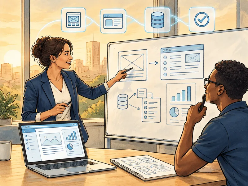 Editorial illustration of a product designer and a developer sketching a web application on a whiteboard next to a laptop prototype, with wireframe, browser, database and checkmark icons overhead