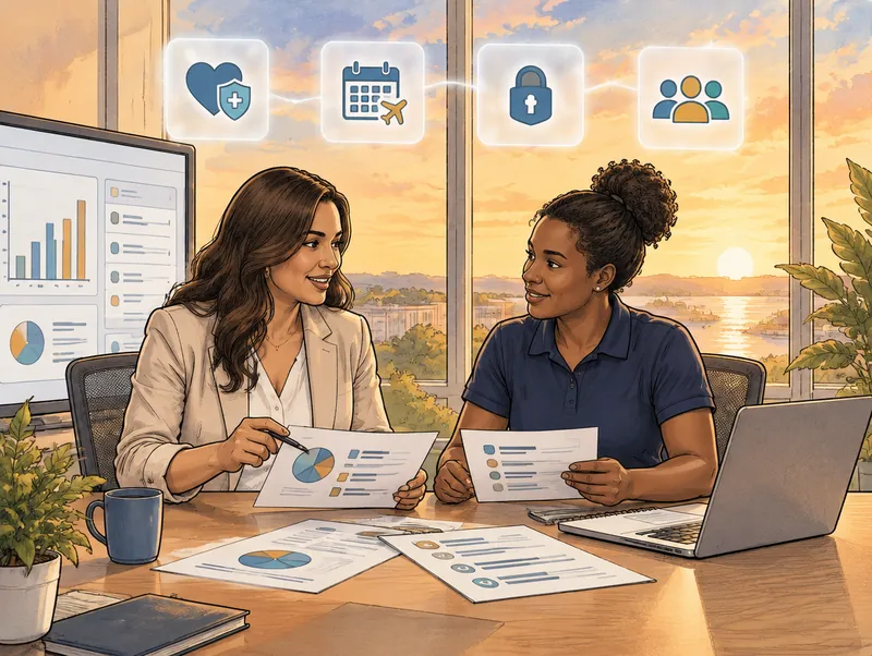 Editorial illustration of an HR benefits lead and a Cendien consultant preparing open enrollment materials at a conference table, with benefits, time-off, security and people icons overhead