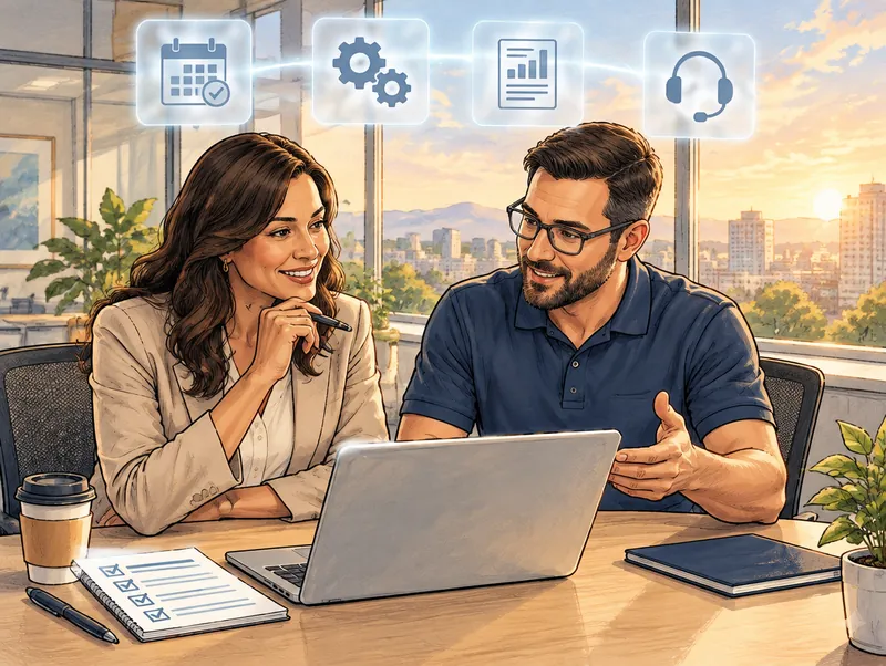 Editorial illustration of an HRIS manager and a Cendien Workday consultant reviewing a release testing checklist on a laptop in a bright corporate office, with release calendar, integration, report and support icons overhead