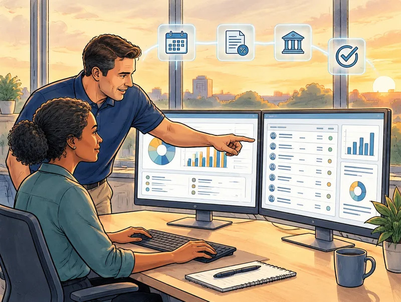 Editorial illustration of a payroll specialist and a Cendien consultant checking a pay run summary on two monitors late in the afternoon, with pay calendar, tax form, bank and checkmark icons overhead