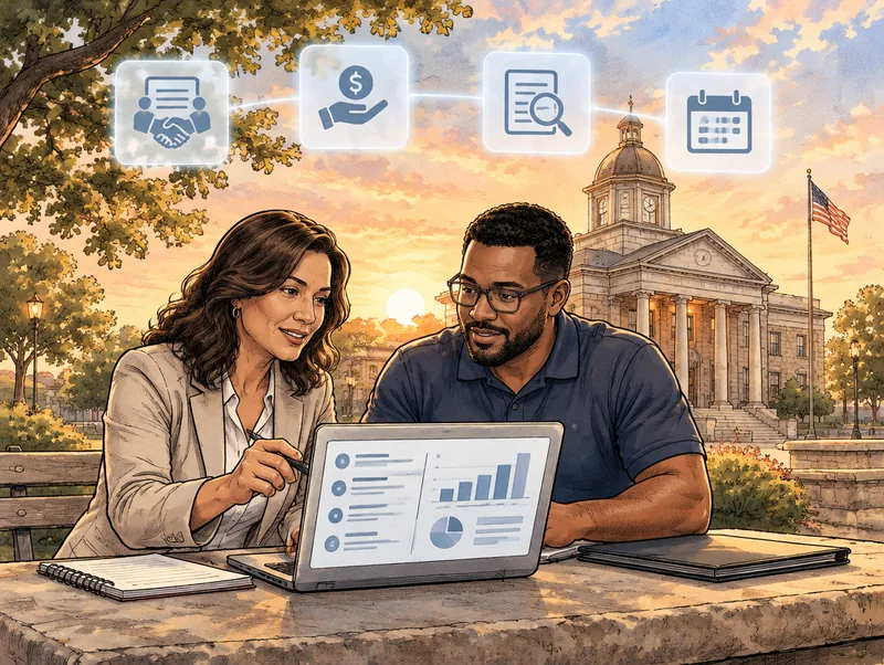 Editorial illustration of a county HR director and a Cendien consultant reviewing union pay rules on a laptop outside a county courthouse, with union contract, grants, audit and calendar icons overhead