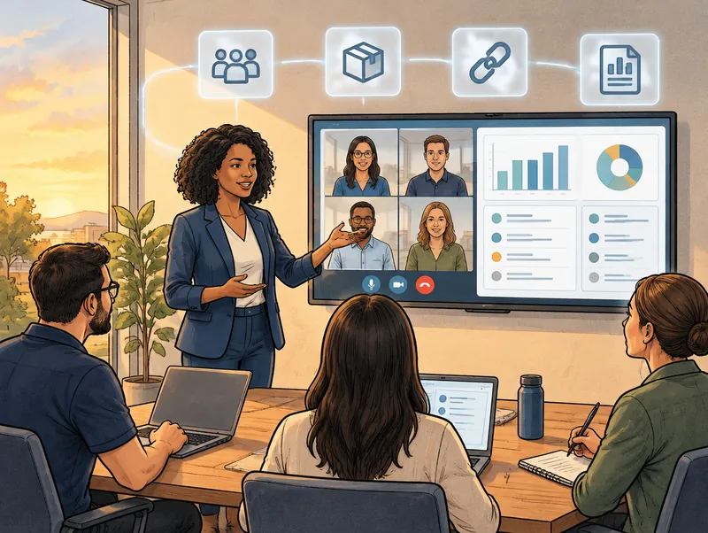 Editorial illustration of a Cendien consultant leading a weekly status meeting with an HRIS team over a video call and shared screen, with meeting, release, integration and report icons overhead